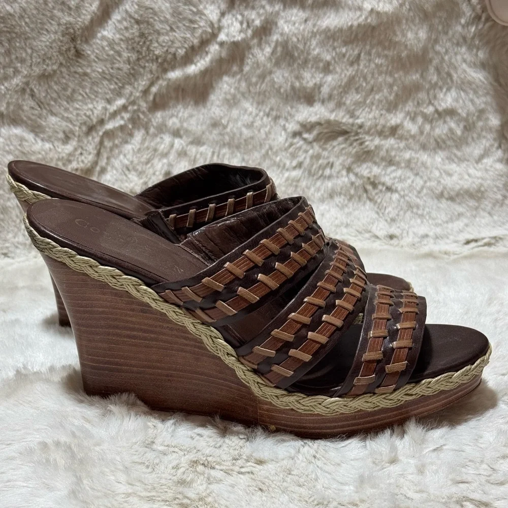 COLE HAAN stitch wedge brown heal leather espadrille slides shoes 7.5B